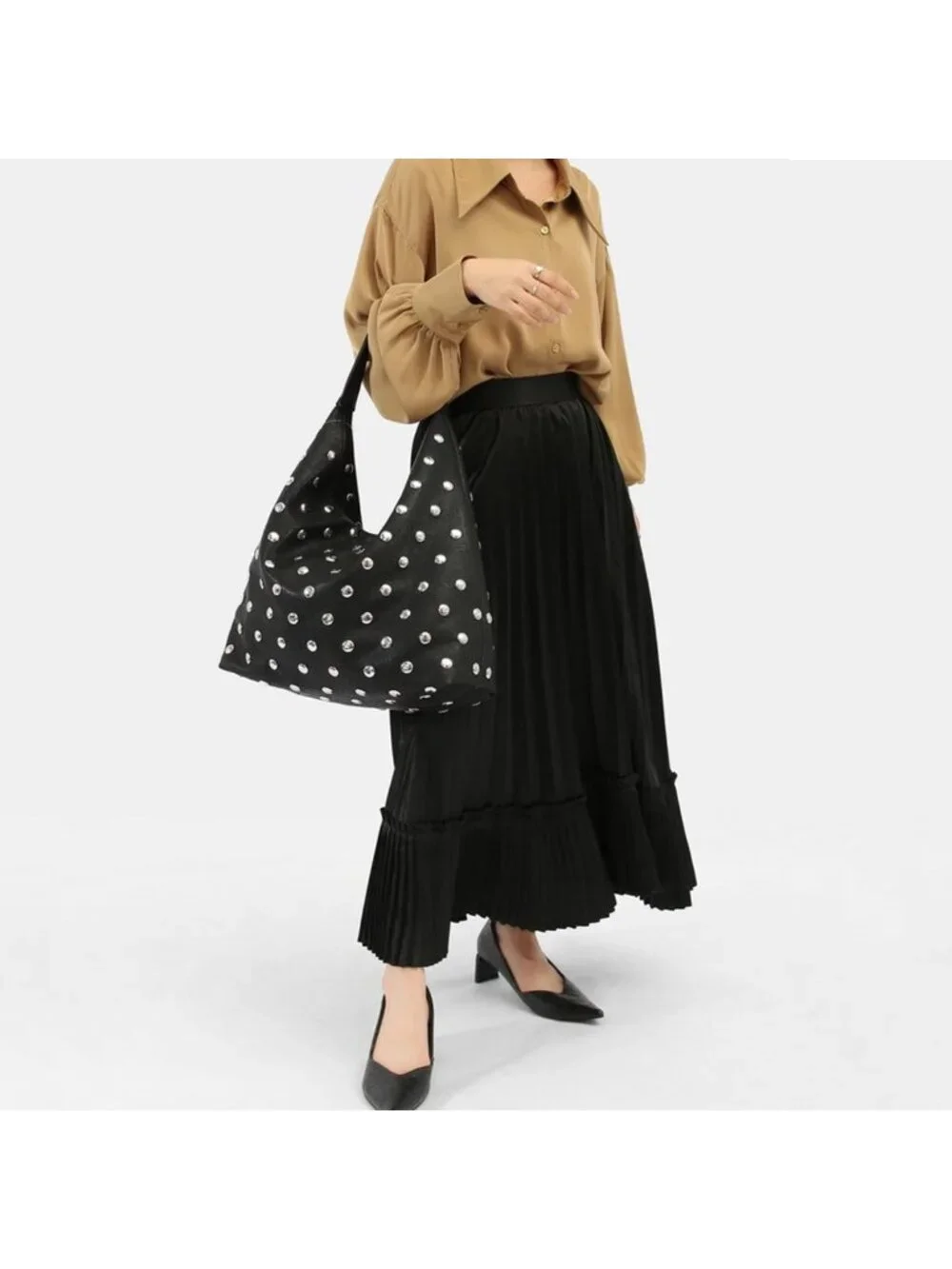 Edgy Vegan Leather Studded Tote Bag | Oversized Slouchy Hobo, Large Capacity